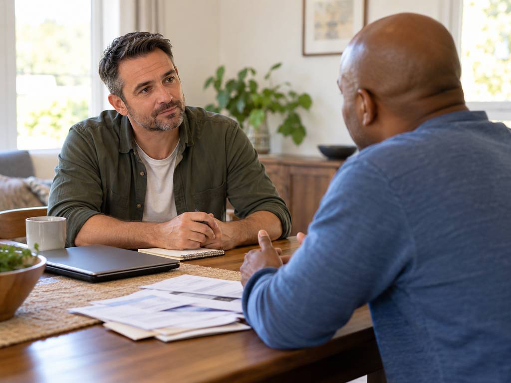 Two men going over papers and a laptop together at a table