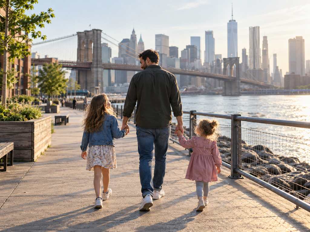 A father walking hand in hand with his two young daughters along the Brooklyn waterfront