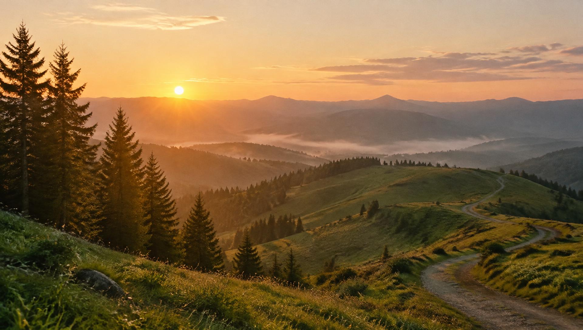 Sunrise over green hills with a winding trail