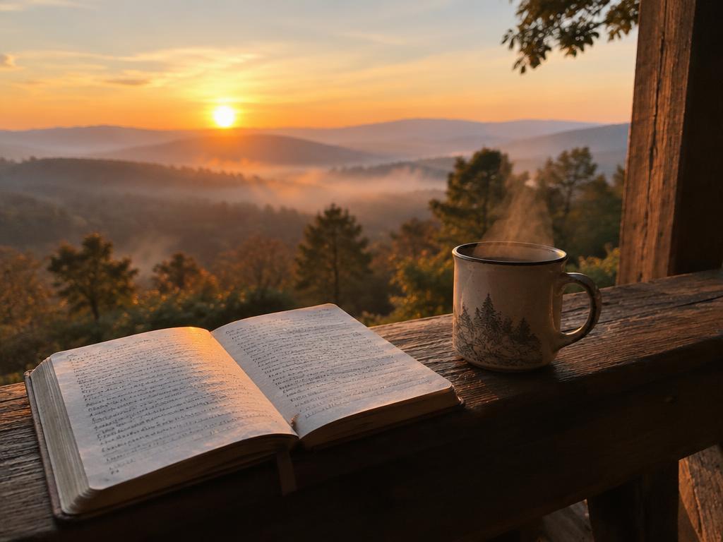 An open notebook and coffee on a porch rail at sunrise